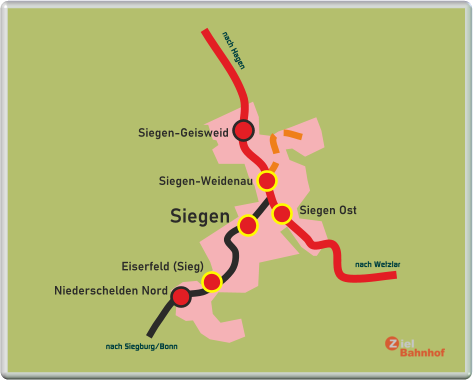 Siegen Ost Siegen Siegen-Geisweid Siegen-Weidenau Eiserfeld (Sieg) Niederschelden Nord nach Wetzlar nach Hagen nach Siegburg/Bonn