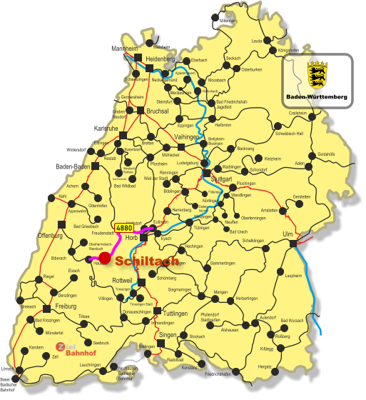 Freiburg Singen Vaihingen Tuttlingen Horb Ulm Bruchsal Heidenberg Rottweil Stuttgart Karlsruhe Offenburg Baden-Baden Mannheim Kehl Appenweiler Miltenberg Lauda Königshofen Osterburken Seckach Eberbach Moosbach Bad Friedrichshall- Jagstfeld Crailsheim Heilbronn Eppingen Meckesheim Hüffenhardt Aglasterhausen Neckargemünd Weinheim Germersheim Graben Neudorf Bretten Schwetzingen Schwäbisch Hall Backnang Waiblingen Rastatt Busenbach Bad Herrenalb Ittersbach Rathaus Mühlacker Pforzheim Bad Wildbad Ettlingen Steinsfurt Immendingen Wintersdorf Bietigheim- Bissingen Ludwigsburg Weil der Stadt Renningen Böblingen Filderstadt Detten- hausen Achern Bad Griesbach Ottenhöfen Freudenstadt Eutingen Herrenberg Hochdorf Tübingen Eyach Hechingen Balingen Schömberg Siegmaringen Villingen Trossingen Trossingen Stadt Hausach Biberach Oberharmsbach- Riersbach Denzlingen Elzach Breisach Bad Krozingen Münstertal Riegel Donaueschingen Titisee Seebruck Lörrach Kandern Basel Badischer Bahnhof Zell Neuhausen Badischer Bahnhof Bietingen Lauchringen Konstanz Radolfzell Stockach Welzheim Schondorf Amstetten Gerstetten Aalen Plochingen Wendlingen Oberlenningen Bad Urach Neuffen Metzingen Nürtingen Gammertingen Herbertingen Mengen Schelklingen Pfullendorf Stadtgarten Alshausen Aulendorf Bad Wurzach Roßberg Kißlegg Hergatz Friedrichshafen Laupheim Goldshöfe Schiltach Baden-Württemberg 4880