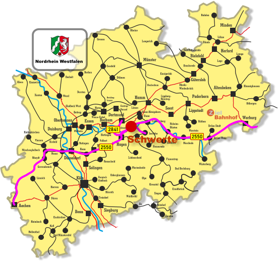 Unna-Königsborn Letmathe Iserlohn Castrop- Rauxel Unna Himmighausen Rheydt Remscheid Bergisch Gladbach Bocholt Borken Dorsten Wesel Xanten Mönchengladbach Kleve Viersen Emmerich Münster Warburg Altenbeken Paderborn Lippstadt Soest Siegburg Aachen Haan Ratingen Bonn Minden Herford Bielefeld Gütersloh Hamm Dortmund Duisburg Essen Mülheim Oberhausen Bochum Hagen Wuppertal Solingen Düsseldorf Köln Gronau Lünen Bottrop Gladbeck West Herne Reckling- hausen Kaldenkirchen Neuss Krefeld Grevenbroich Horrem Düren Kall Hellenthal Heimbach Linnich Euskirchen Bad Münstereifel Au Marienheide Lüdenscheid Fröndenberg Rüthen Warstein Lippborg- Heintrop Neubeckum Ennigerloh Neuenrade Sundern Neheim- Hüsten Finnentrop Olpe Schwerte Wanne-Eickel Meschede Winterberg Brilon Stadt Brilon Wald Siegen Kreuztal Waldbröhl Osberghausen Betzdorf Daaden Erndtbrück Troisdorf Bad Berleburg Ottbergen Dülmen Coesfeld Löhne Lage Lemgo Brackwede Rheda- Wiedenbrück Bad Rothenfelde Bünde Lengerich Rheine Rahden Hattingen Velbert Rösrath 2550 2841 2550 Nordrhein Westfalen Schwerte